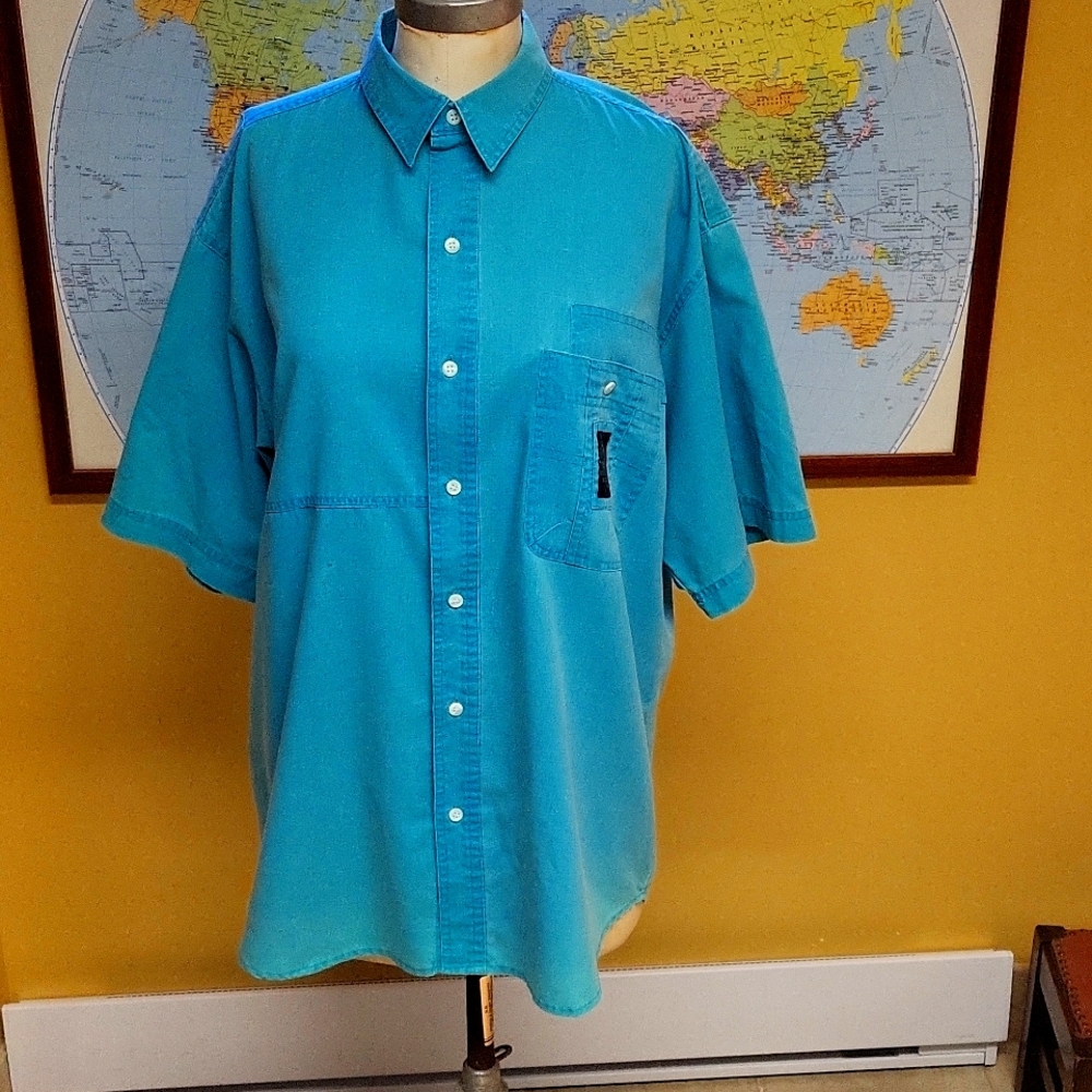 Vintage 90s Bugle Boy short sleeves,  Button down shirt, Aqua Blue Large for men